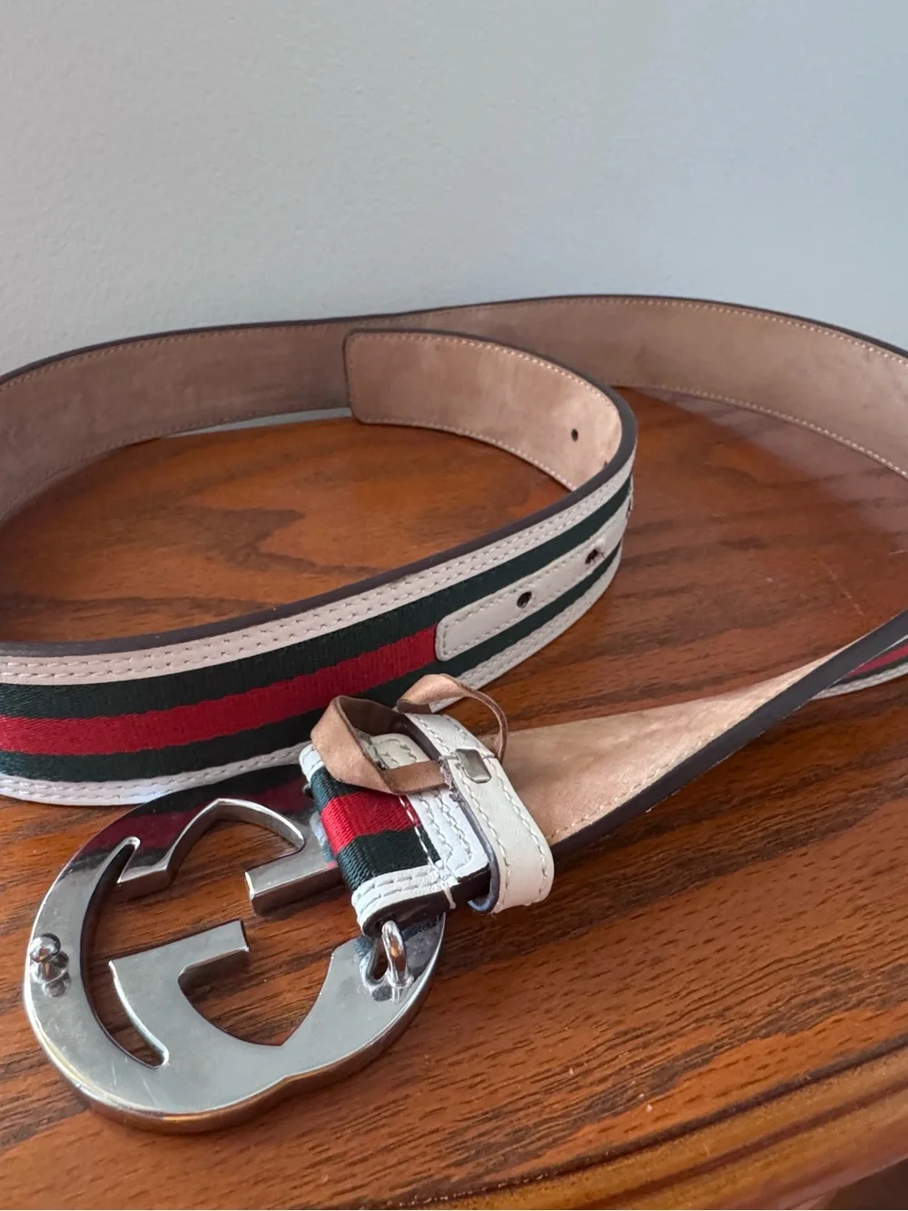 Vintage men’s Interlock Gucci GG Leather Belt Web Green Red White US men’s 36